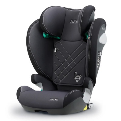 Cadeira de bebé para automóvel cinzenta escura com detalhes em verde e preto