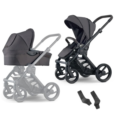 Carrinho de bebé cinzento escuro com estrutura preta e rodas grandes