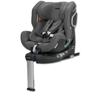 Cadeira auto cinza escuro de criança com base preta e suporte metálico