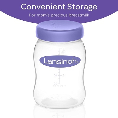 Frasco transparente com tampa roxa Lansinoh para armazenamento de leite materno