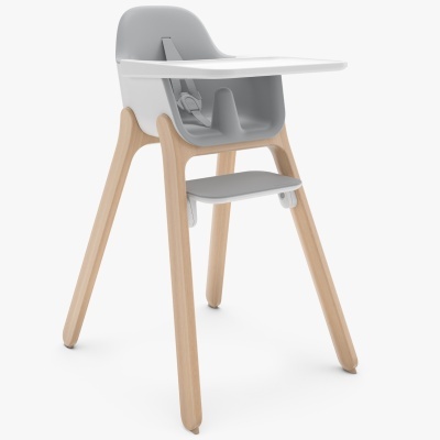 Cadeira alta para bebé cinzenta com bandeja branca e pernas de madeira clara