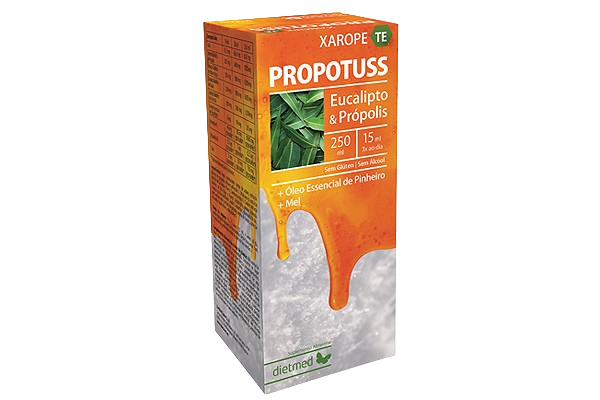 Propotuss Tosse Com Expetoração 250ML Caixa laranja de xarope Propotuss com texto e imagem de folhas verdes