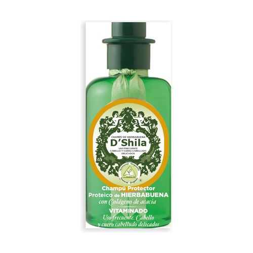 Shampoo Proteico de Hortelã D'Shila 300ml Frasco verde transparente de champô com rótulo D'Shila