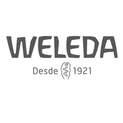 Logotipo da marca WELEDA com texto e símbolo sobre fundo branco