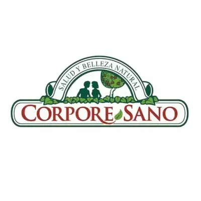 Logótipo com texto espanhol 'SALUD Y BELLEZA NATURAL' e 'CORPORE SANO' com figuras verdes e árvore