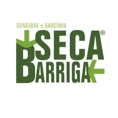 Logótipo com texto verde 'SECA BARRIGA' e setas verdes