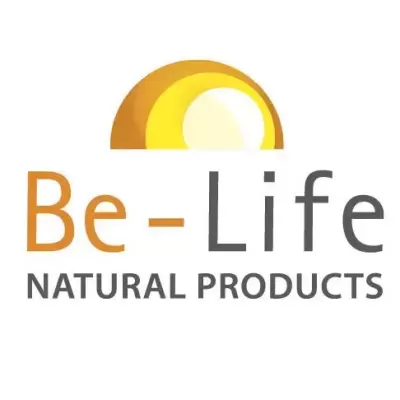Logótipo Be-Life NATURAL PRODUCTS com design semicircular amarelo e branco