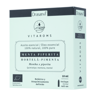 Caixa de óleo essencial de menta piperita da marca Drasanvi com texto e selo bio