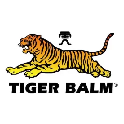 Logótipo Tiger Balm com tigre amarelo e texto em preto