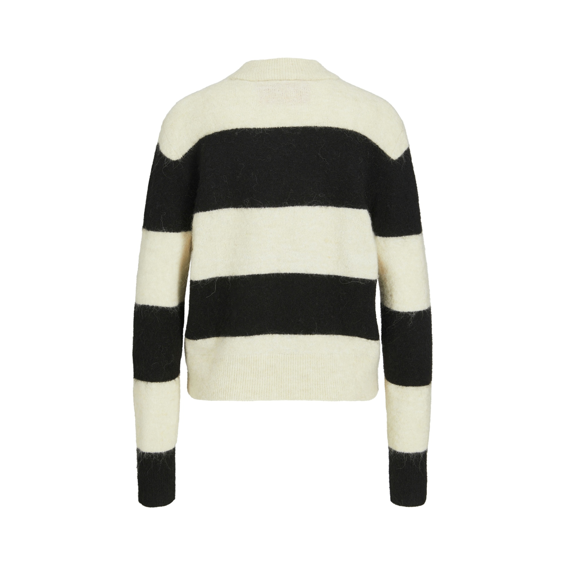 Camisola de malha preta e creme com riscas largas horizontais vista de trás