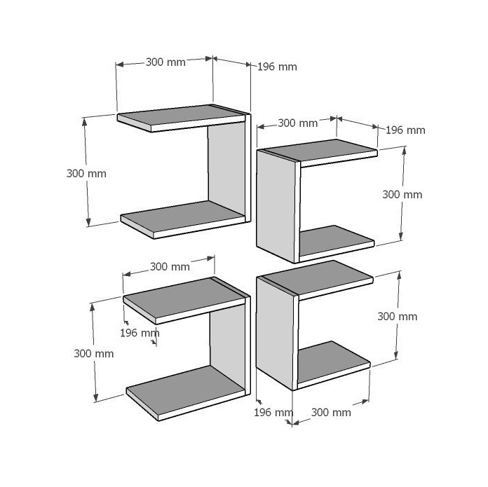 Desenho técnico de quatro prateleiras em forma de C com dimensões