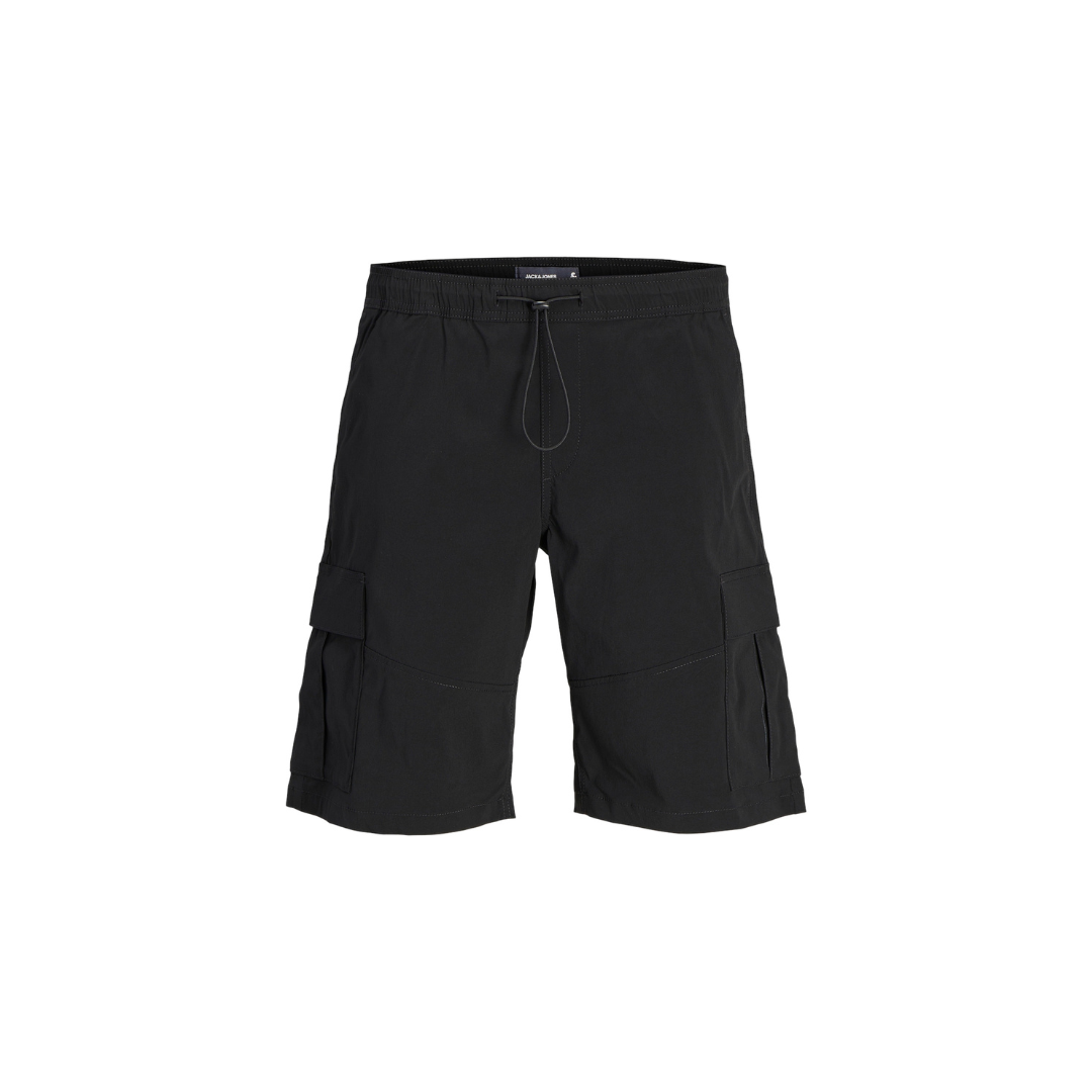 Calções pretos com bolsos laterais e cintura elástica