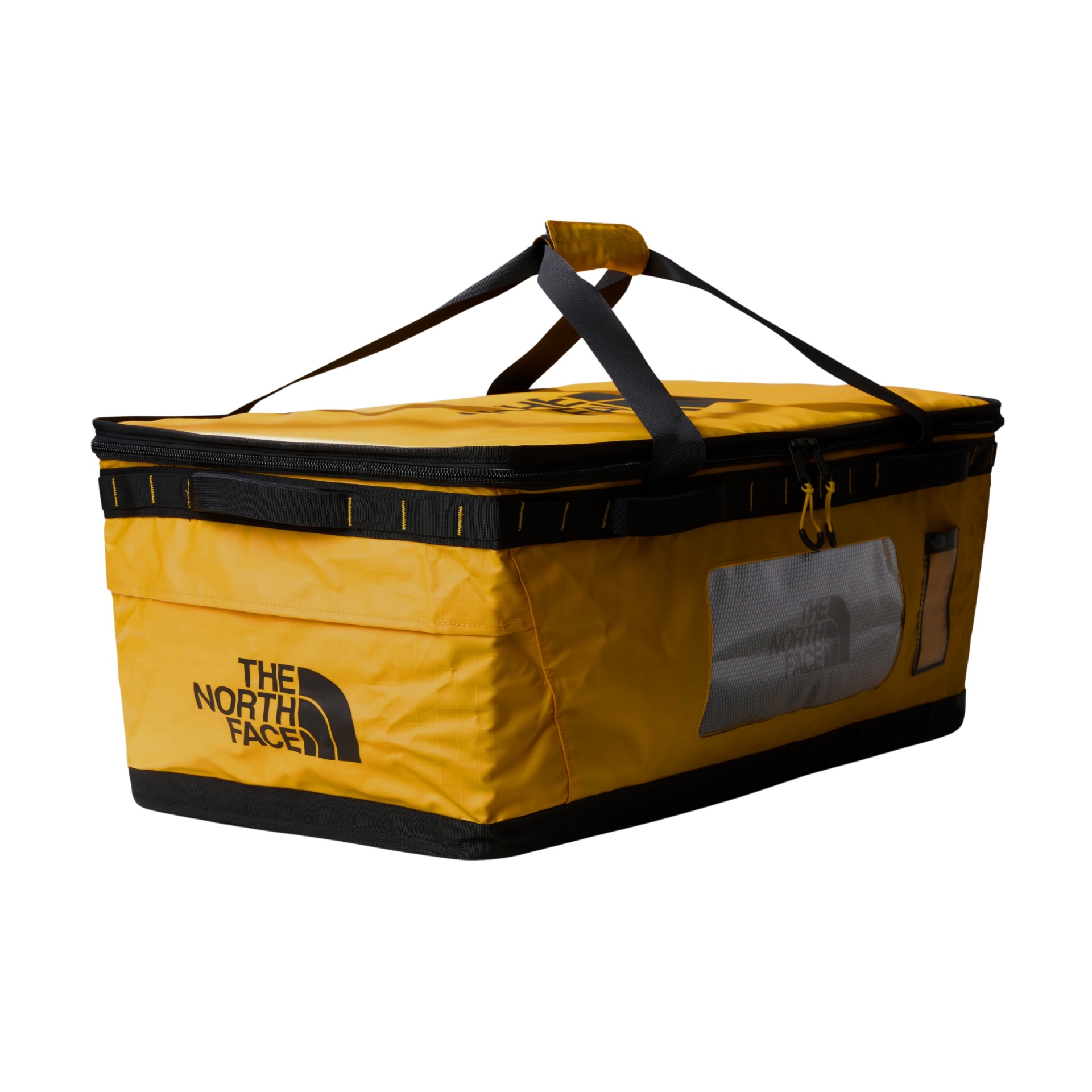 Mala retangular amarela com alças pretas e logo THE NORTH FACE