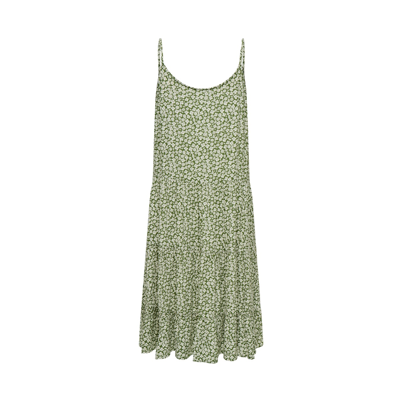 Vestido verde com padrão floral branco e alças finas