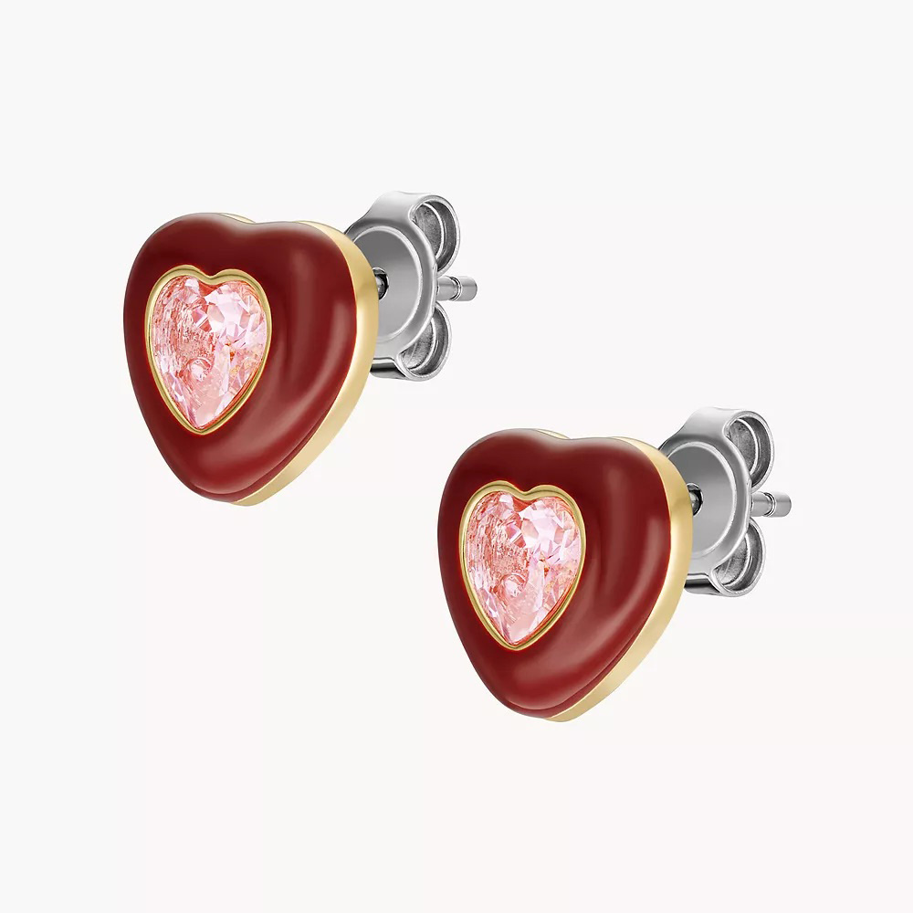 Brincos coração dourados com pedra rosa e detalhe vermelho