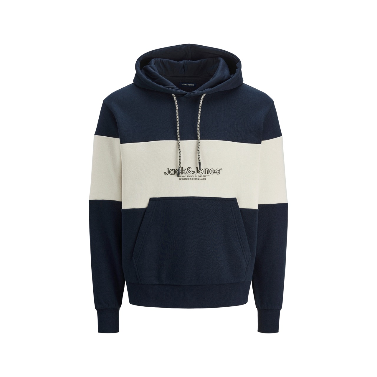 Sweatshirt com capuz azul escuro e branco com texto Jack & Jones