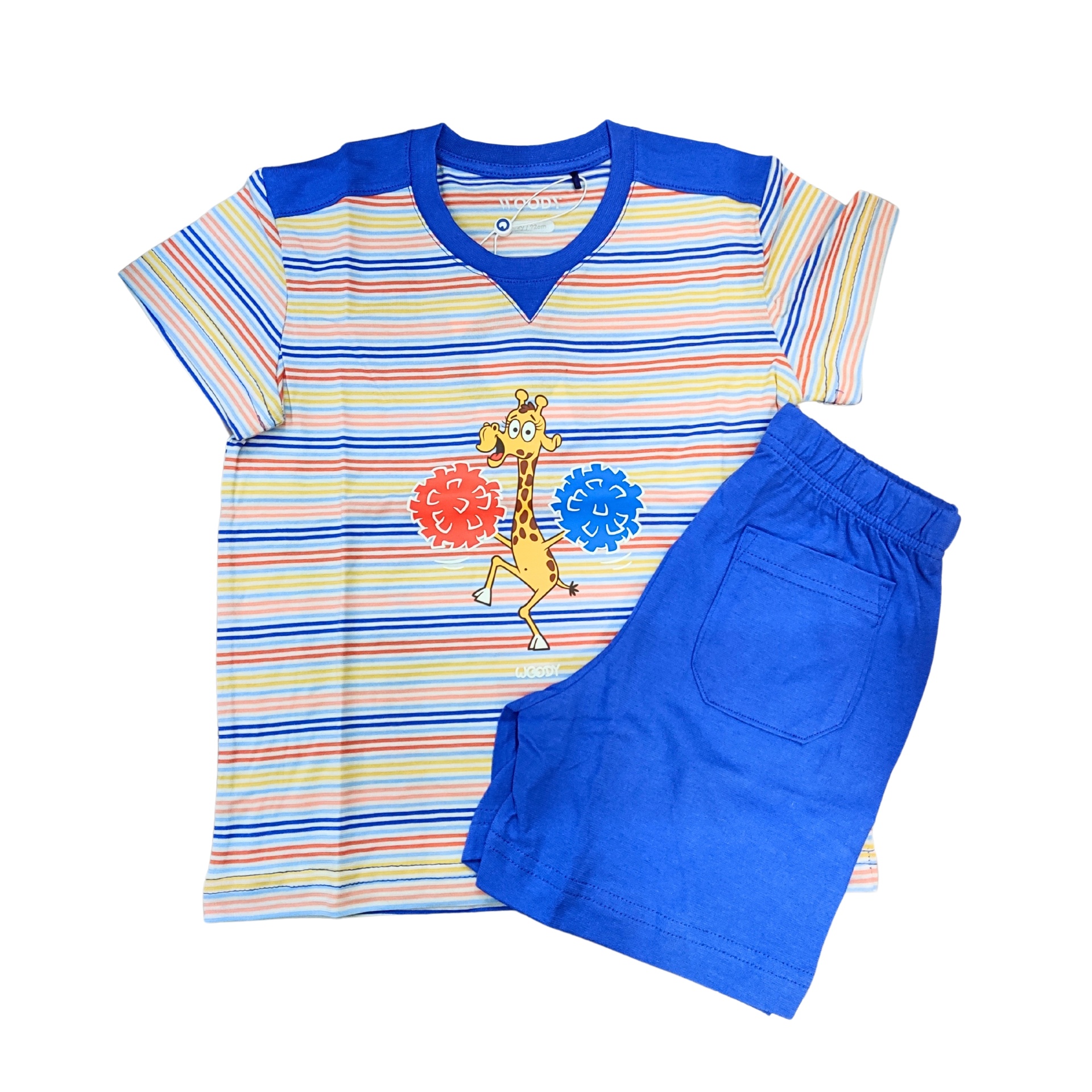 Conjunto infantil com t-shirt riscada e calças curtas azuis.