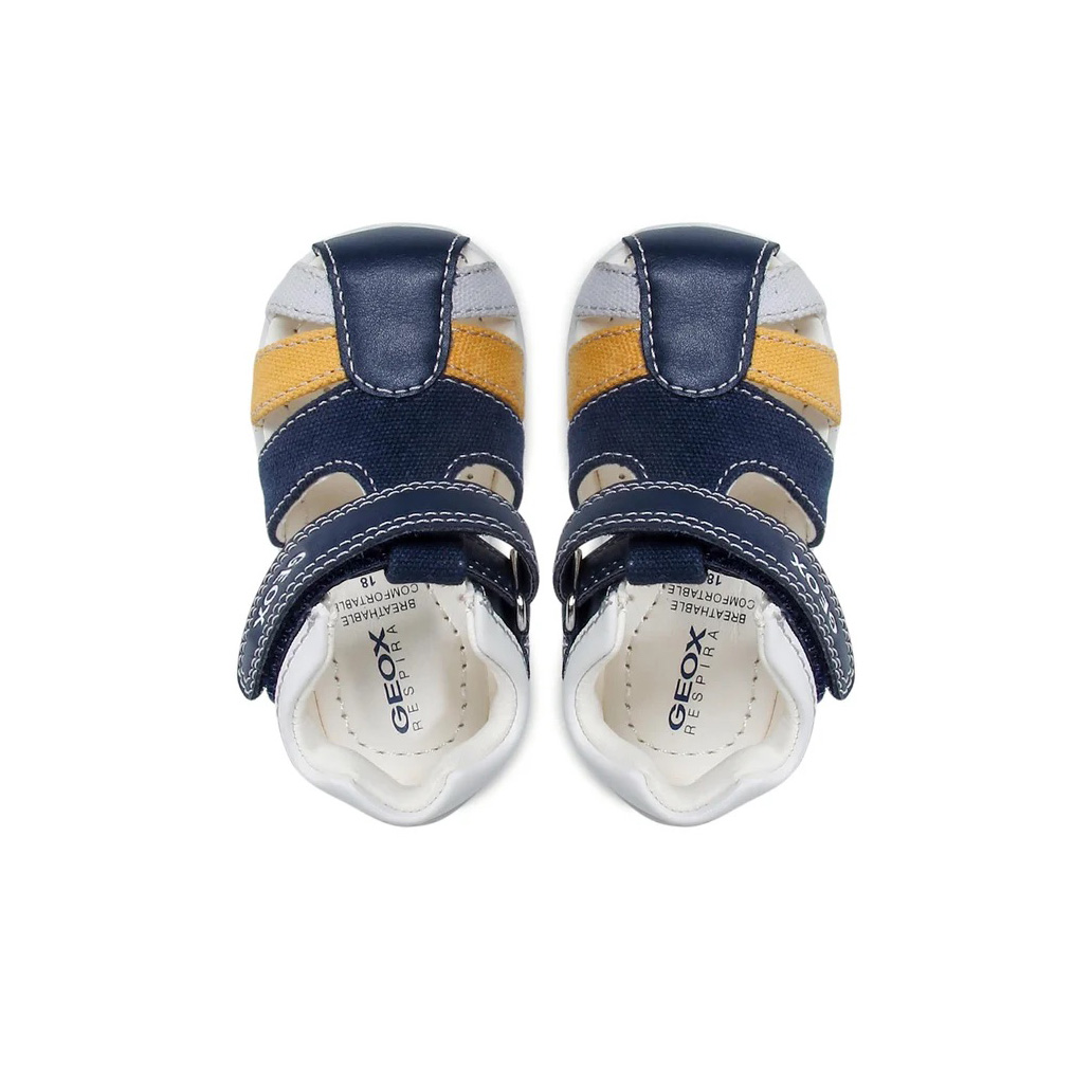 Sapatos de bebé GEOX azul escuro, branco e amarelo com velcro, vista aérea