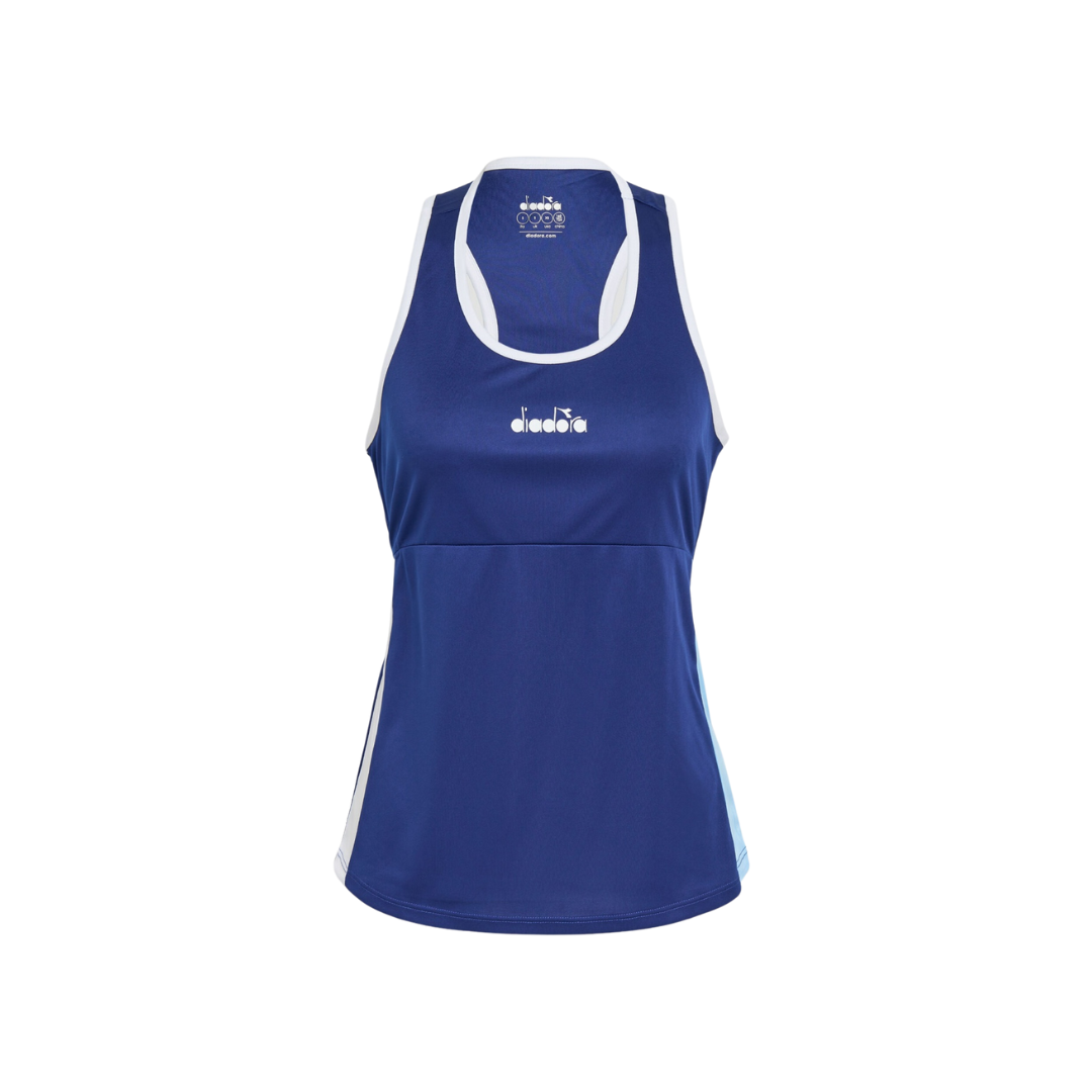 Camisola desportiva azul e branca sem mangas com logótipo diadora