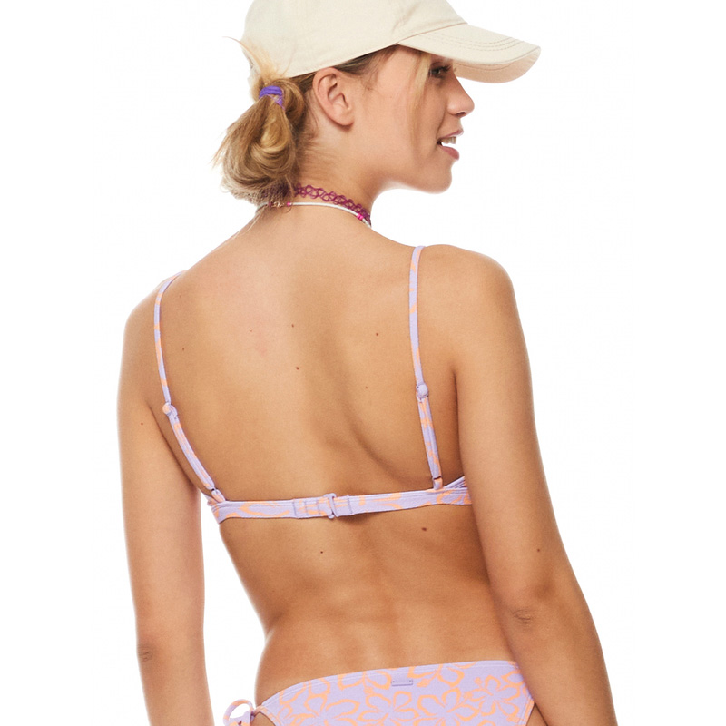 Biquíni feminino cor-de-rosa e lilás com alças finas ajustáveis e fecho nas costas.