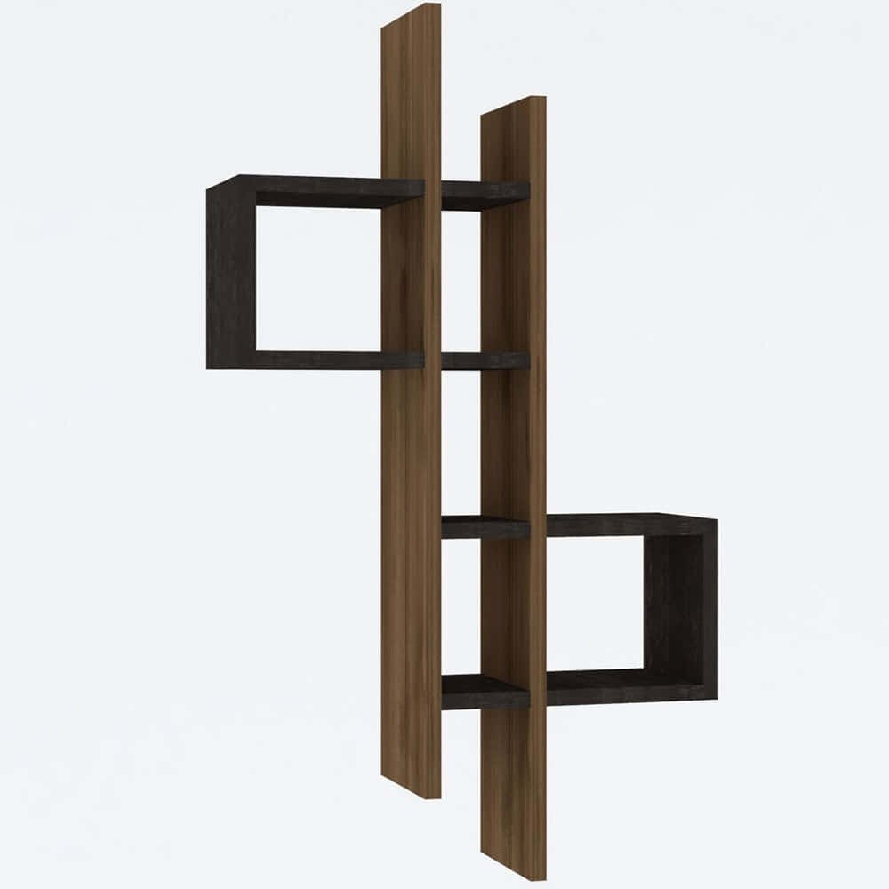 Estante de parede modular em madeira castanha com prateleiras pretas e design geométrico