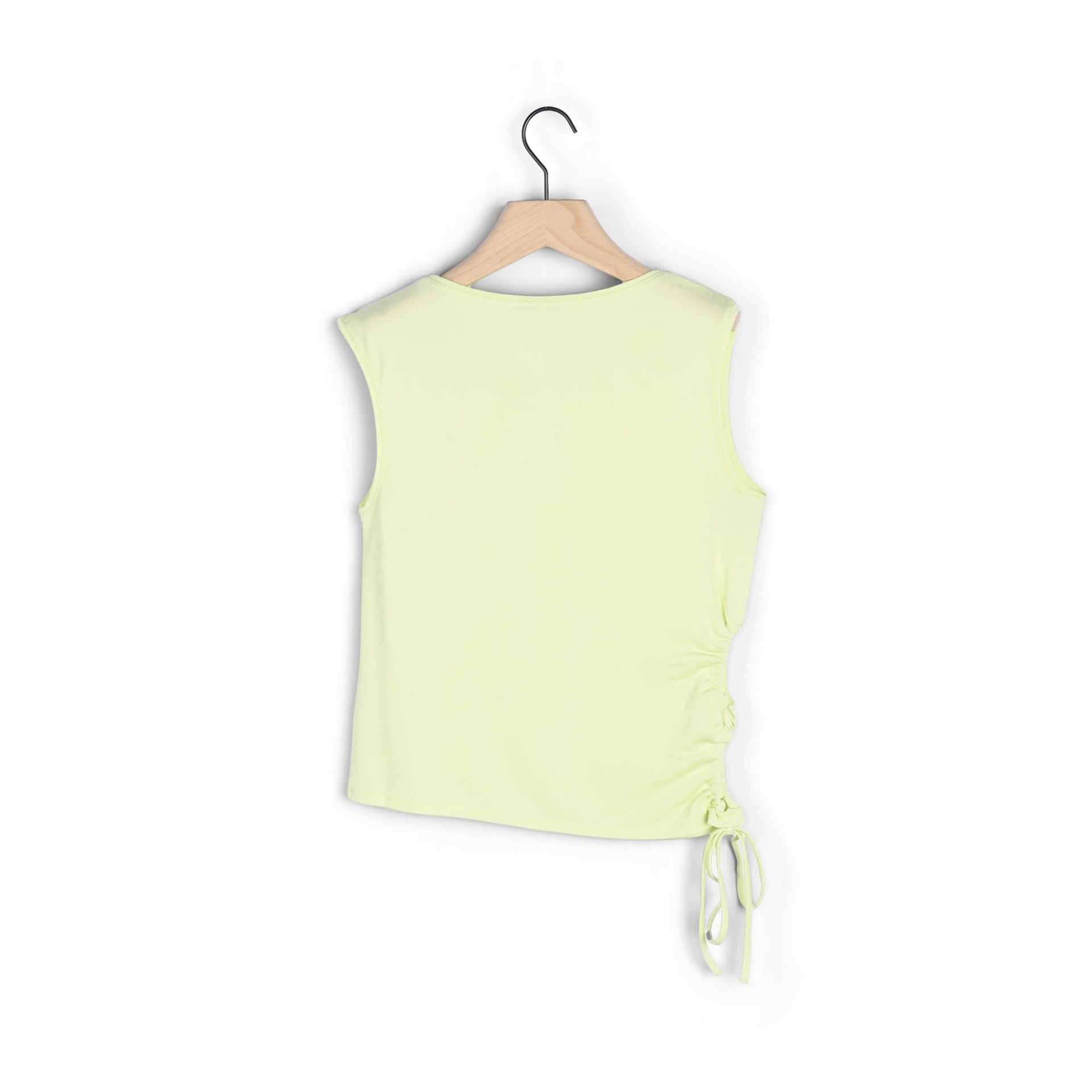 Top feminino amarelo claro sem mangas com franzido lateral e cordão