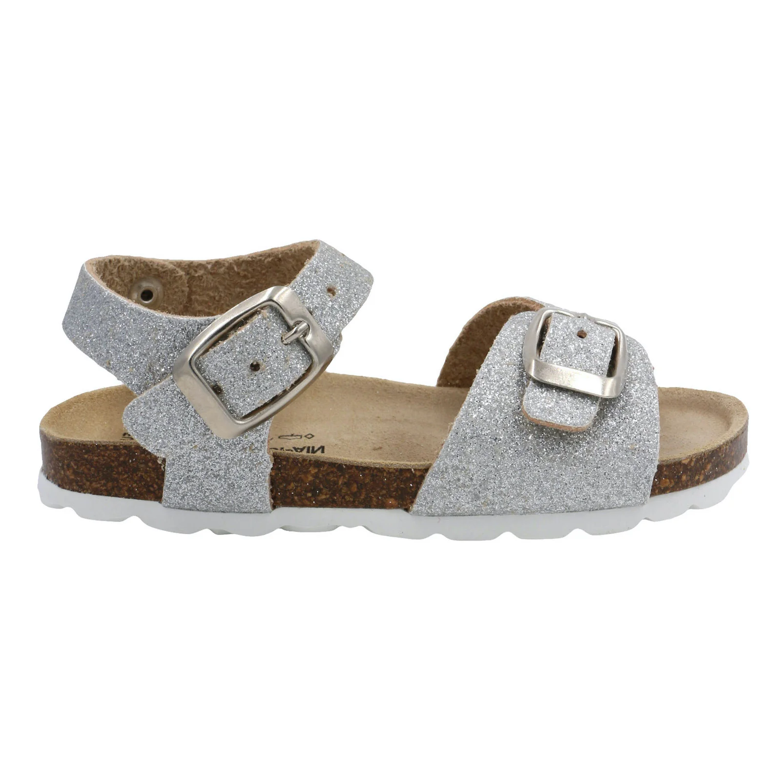 Sandália infantil prata glitter com fivelas e sola de cortiça