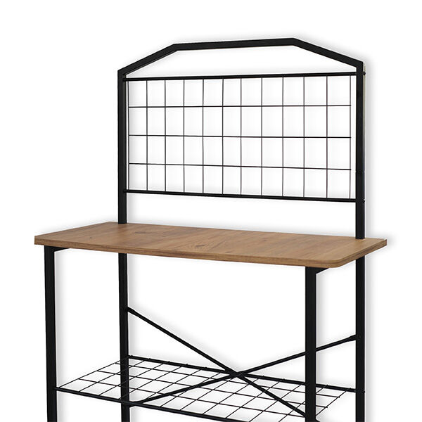 estante metálica com tampo em madeira e painel em grade