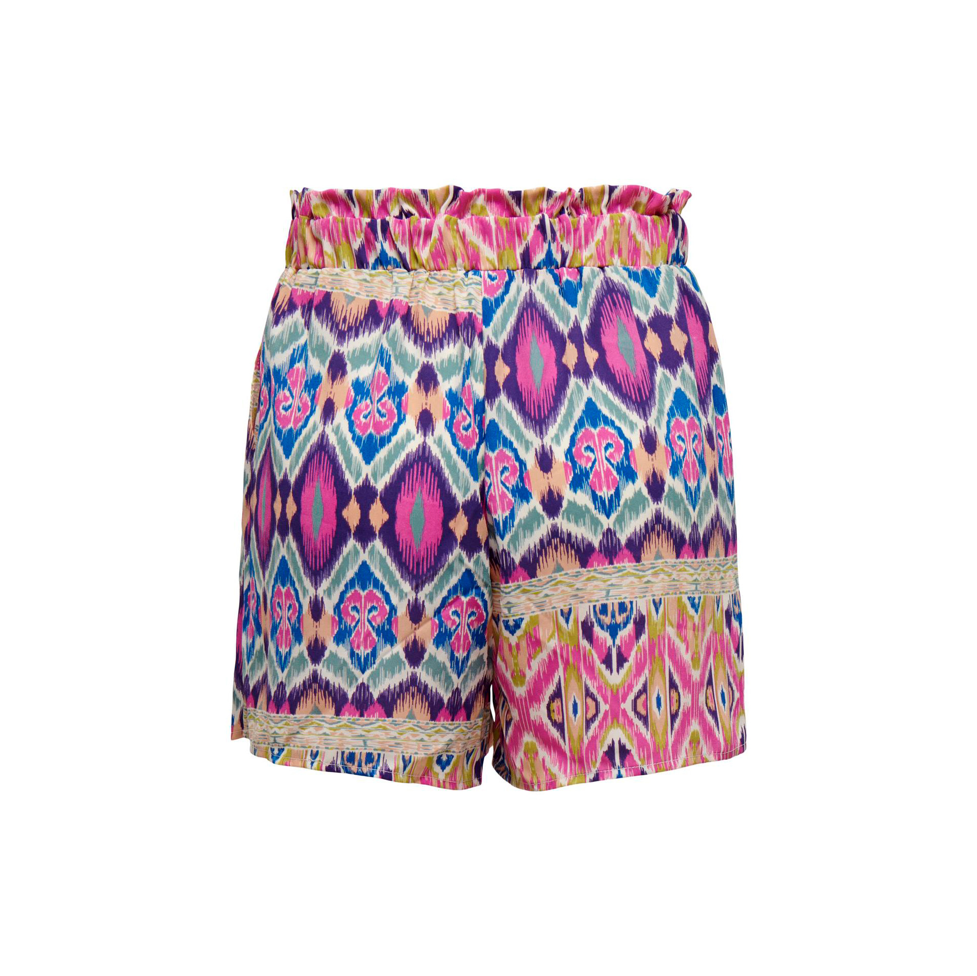 Calções coloridos com padrão geométrico e cintura elástica franzida