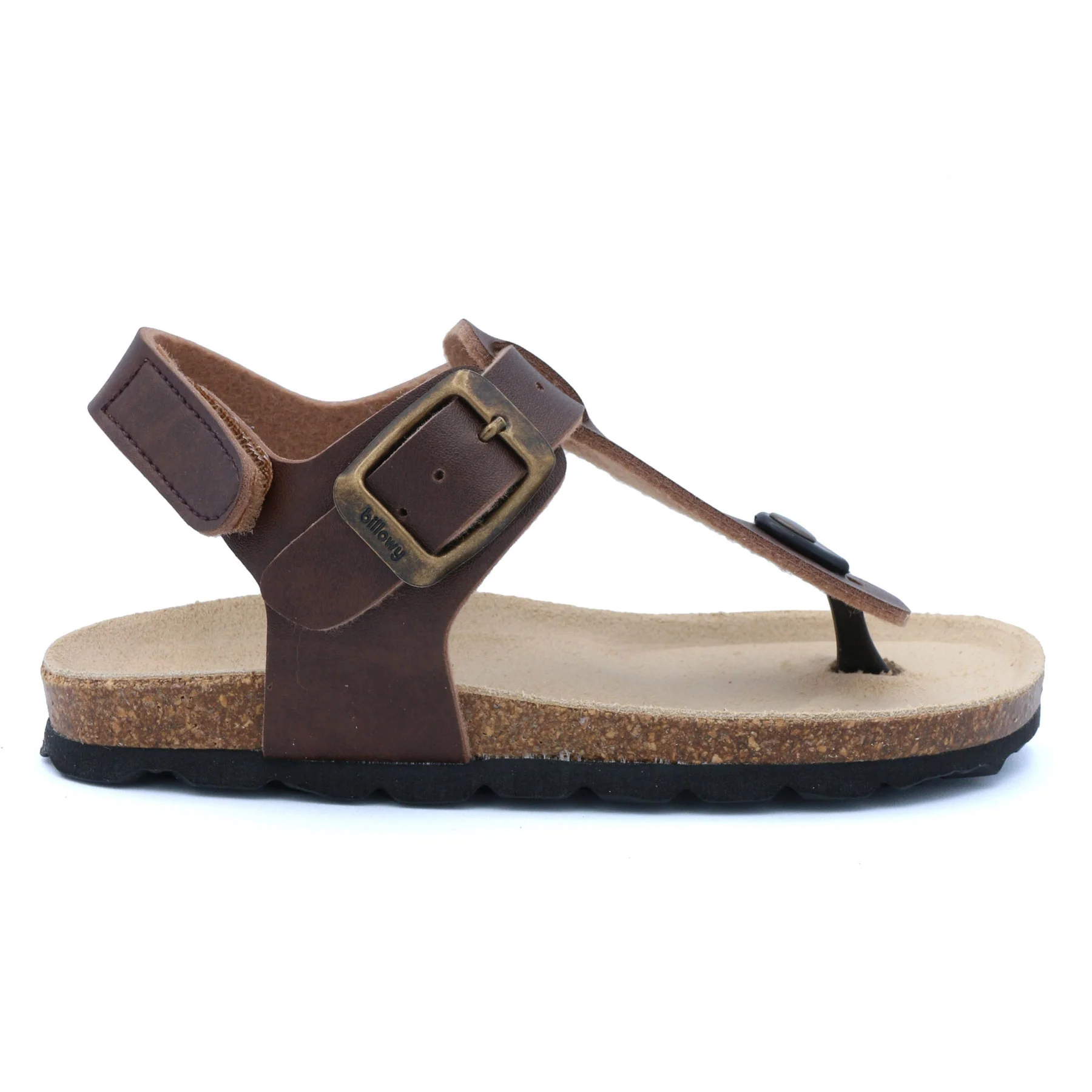 Sandália castanha com fivela dourada e sola de cortiça