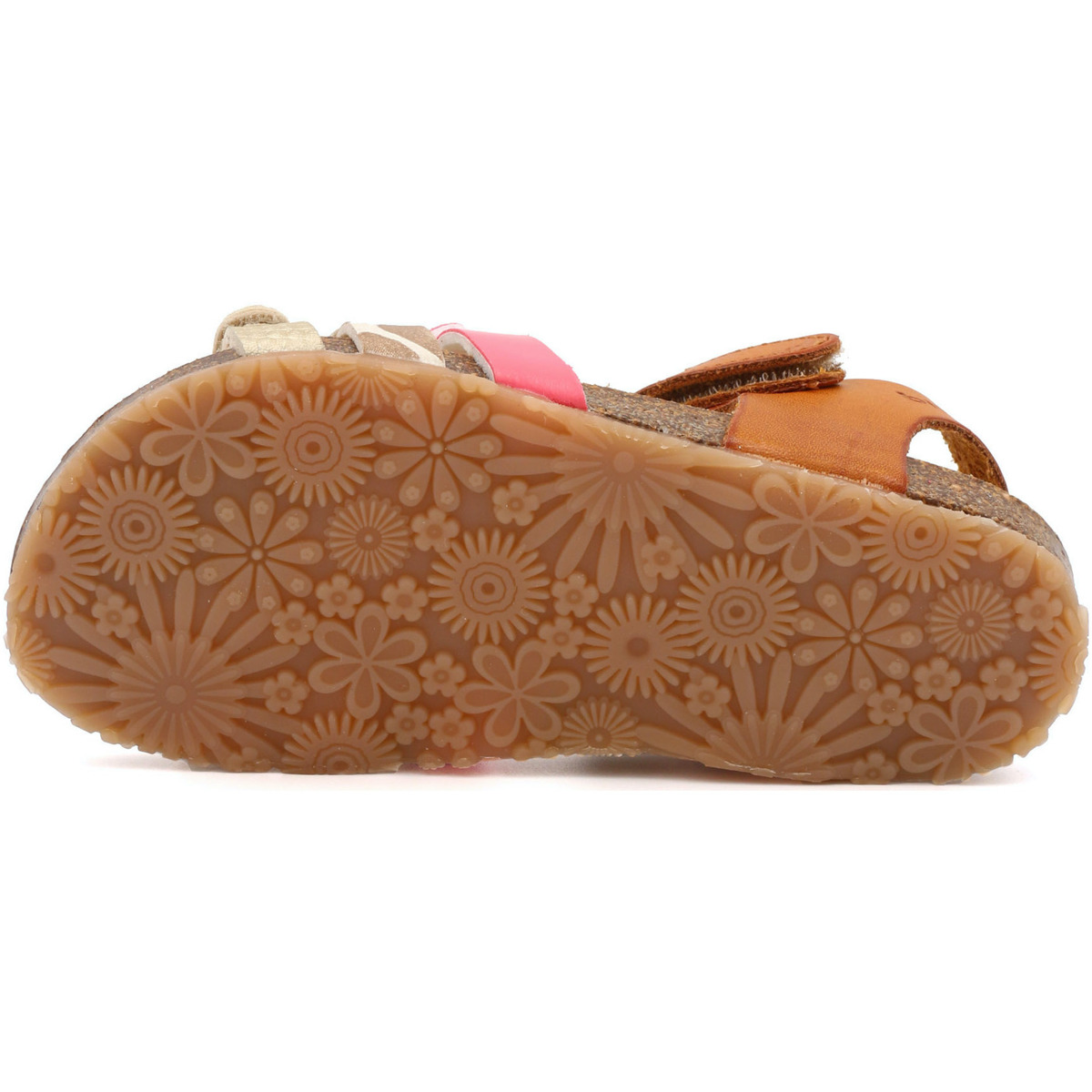 Sola de sandália castanha com padrão floral e tiras castanhas e rosa