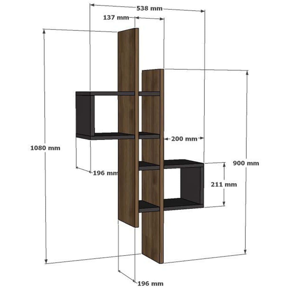 Estante de madeira castanha com prateleiras pretas e dimensões marcadas em milímetros