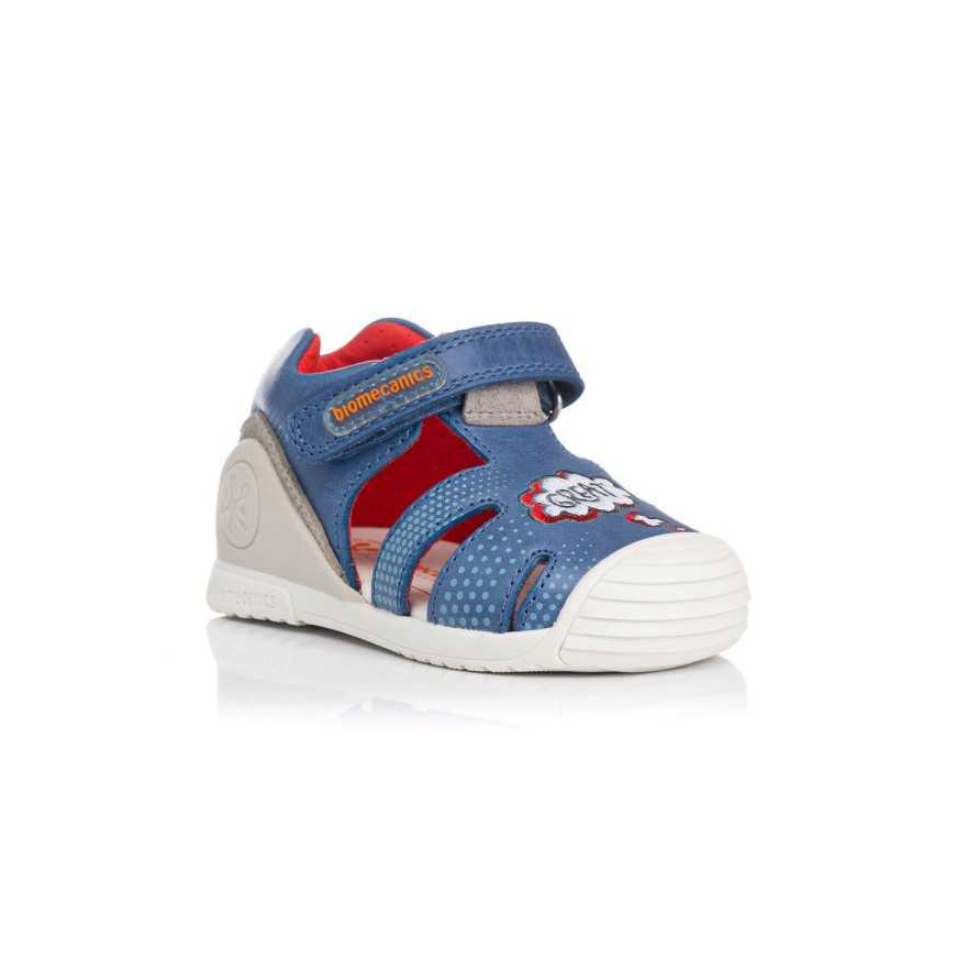 Sapato infantil azul com fecho velcro e desenho colorido
