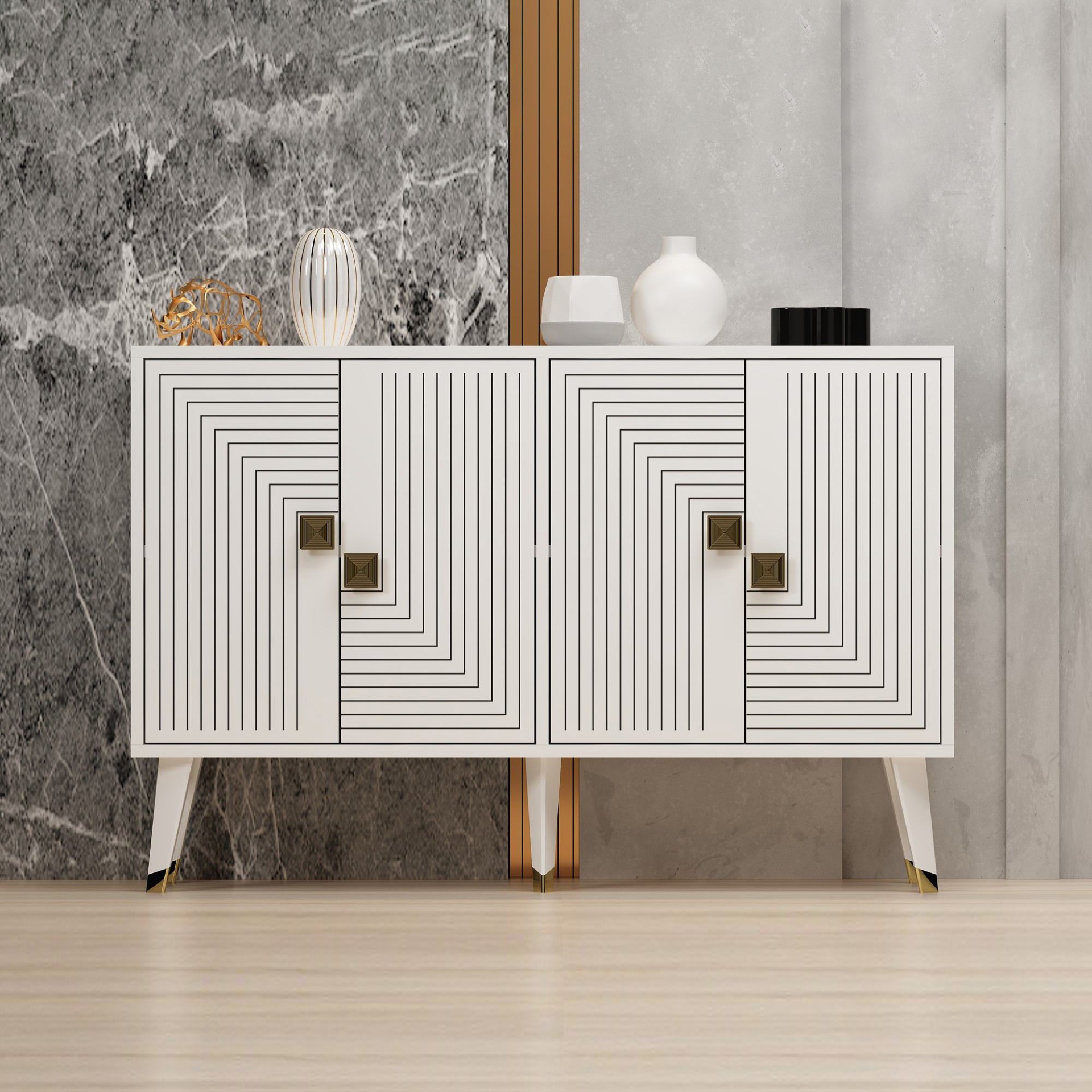 Aparador branco com padrão geométrico em linhas pretas e puxadores dourados em ambiente moderno