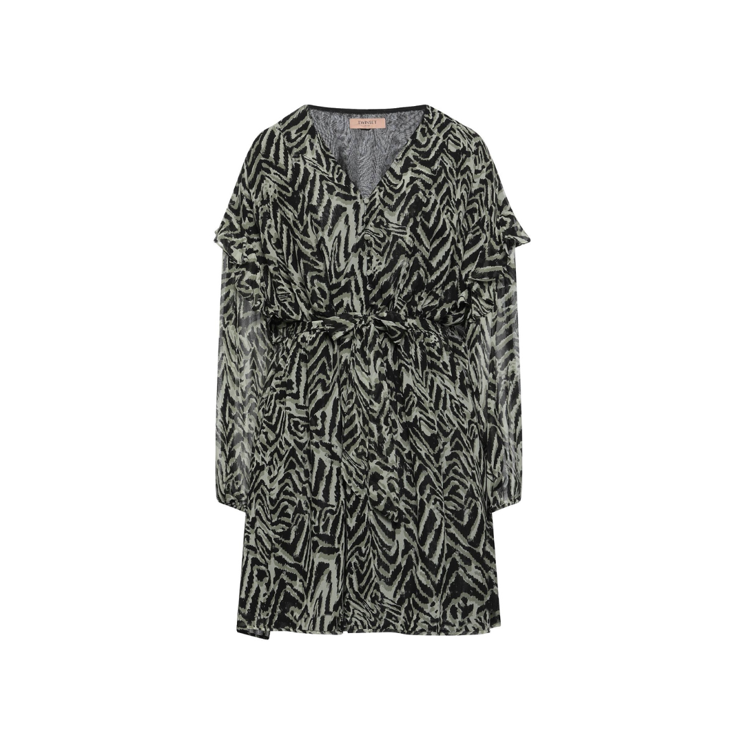 Vestido curto preto e branco com padrão animal print e mangas longas