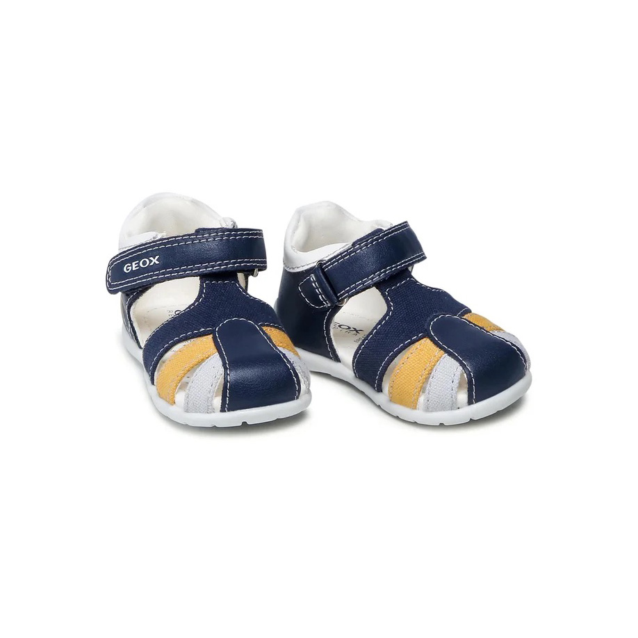 Sandálias infantis Geox em pele sintética azul, branca e bege