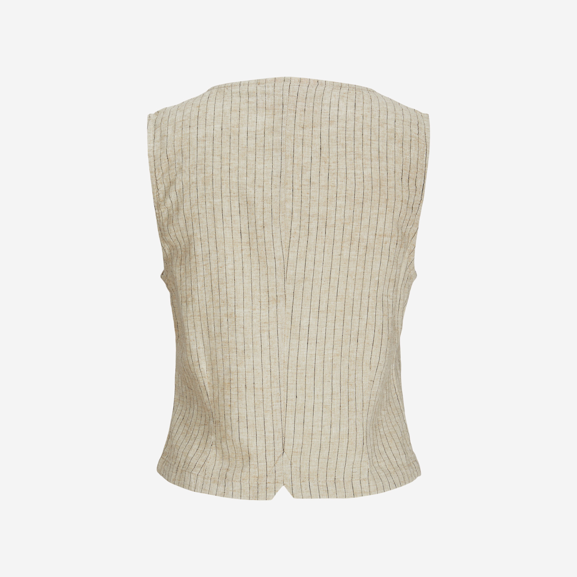 Colete bege com riscas verticais pretas e abertura em V inferior