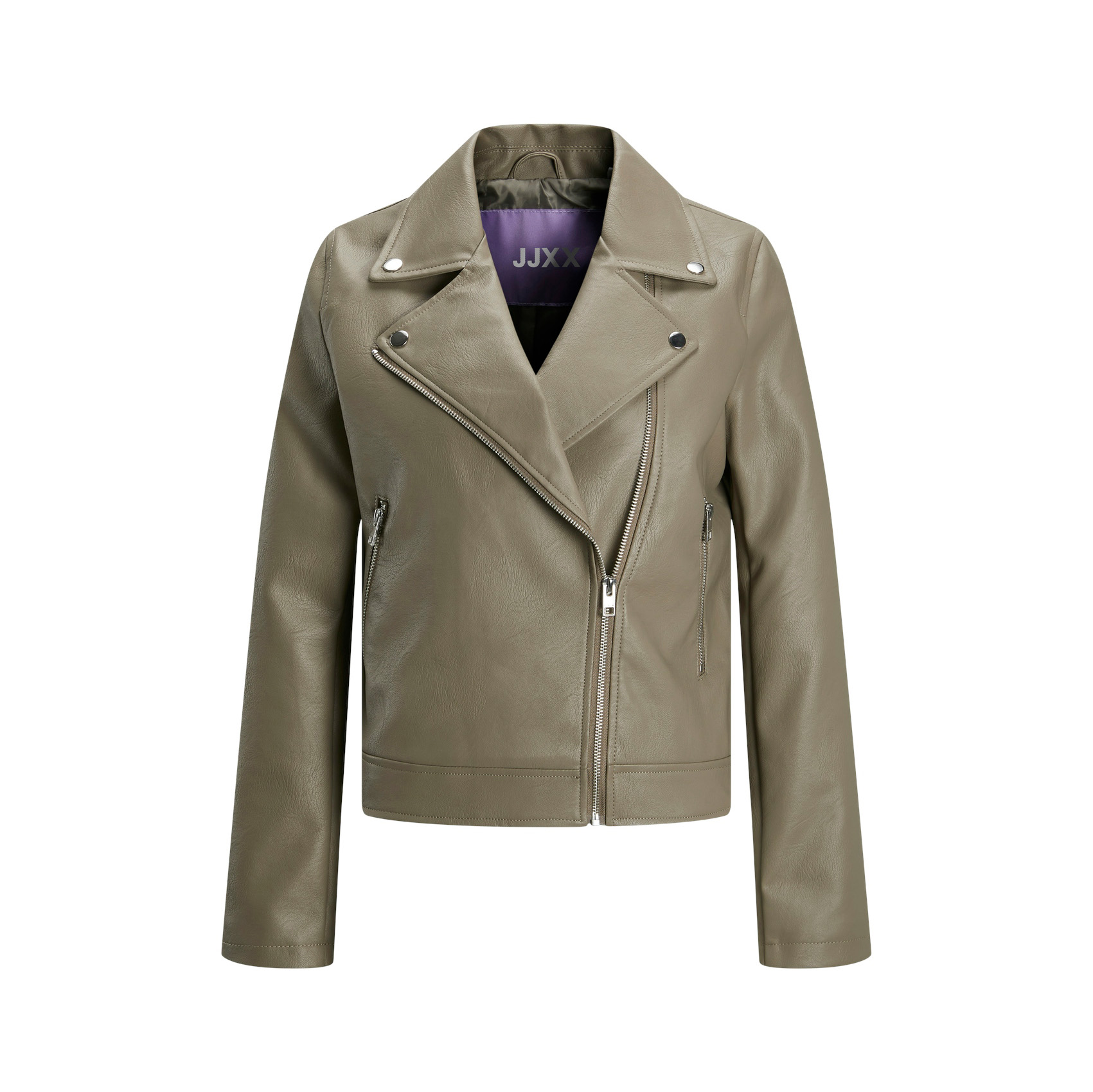 Casaco de pele sintética cinza esverdeado com fecho assimétrico e gola com lapelas