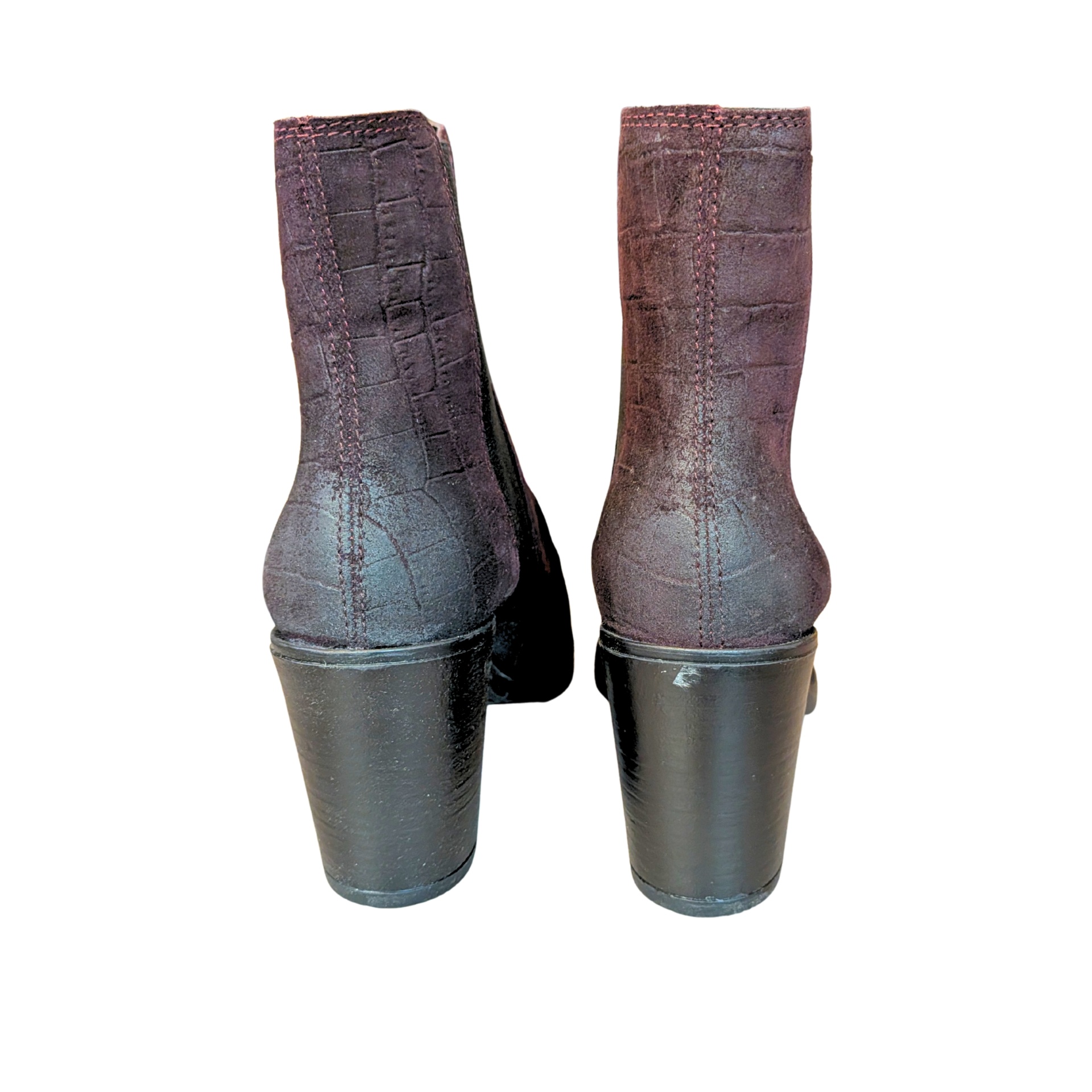 Botas de salto alto castanho escuro com padrão efeito pele de crocodilo e salto grosso preto