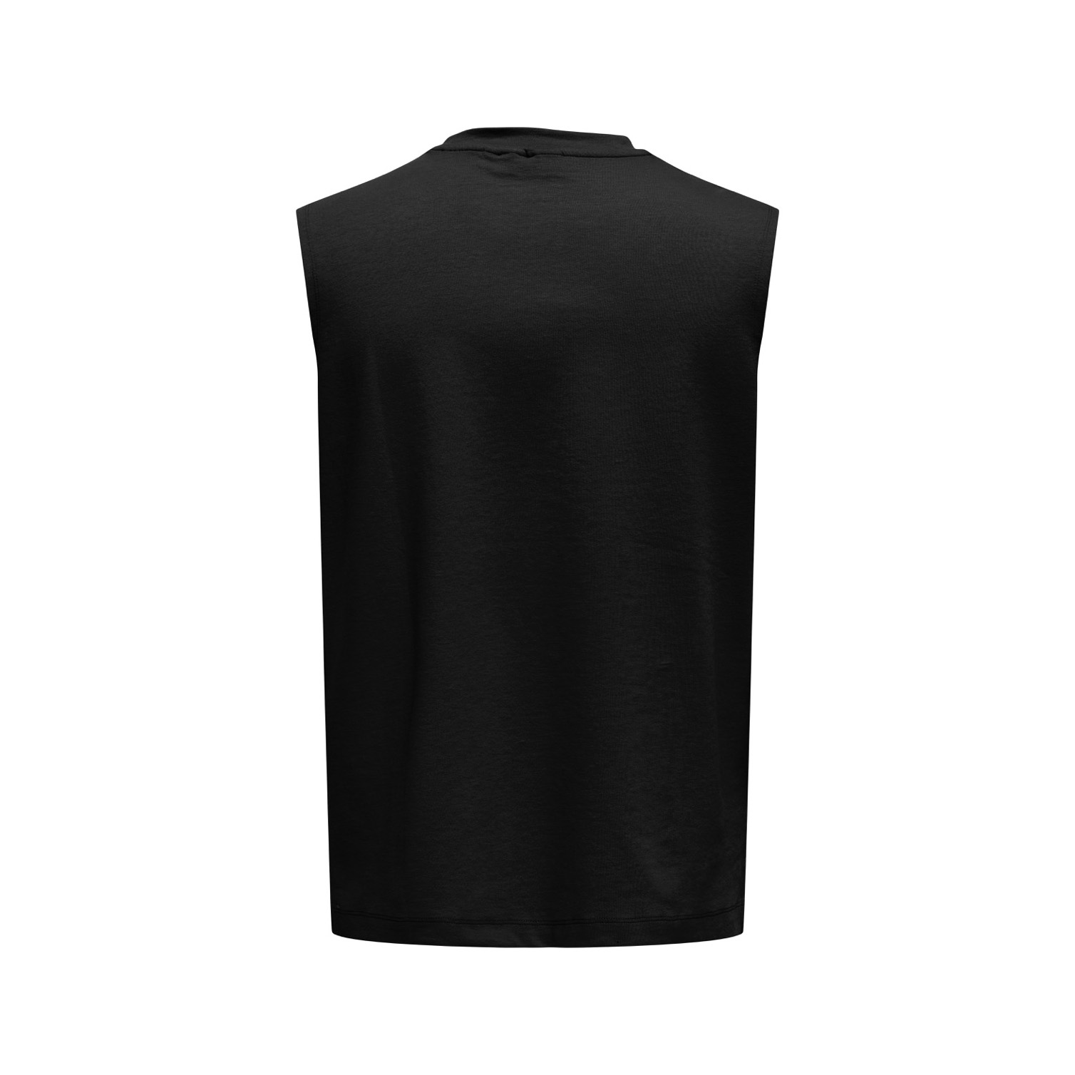 Regata preta sem mangas vista de costas em fundo branco