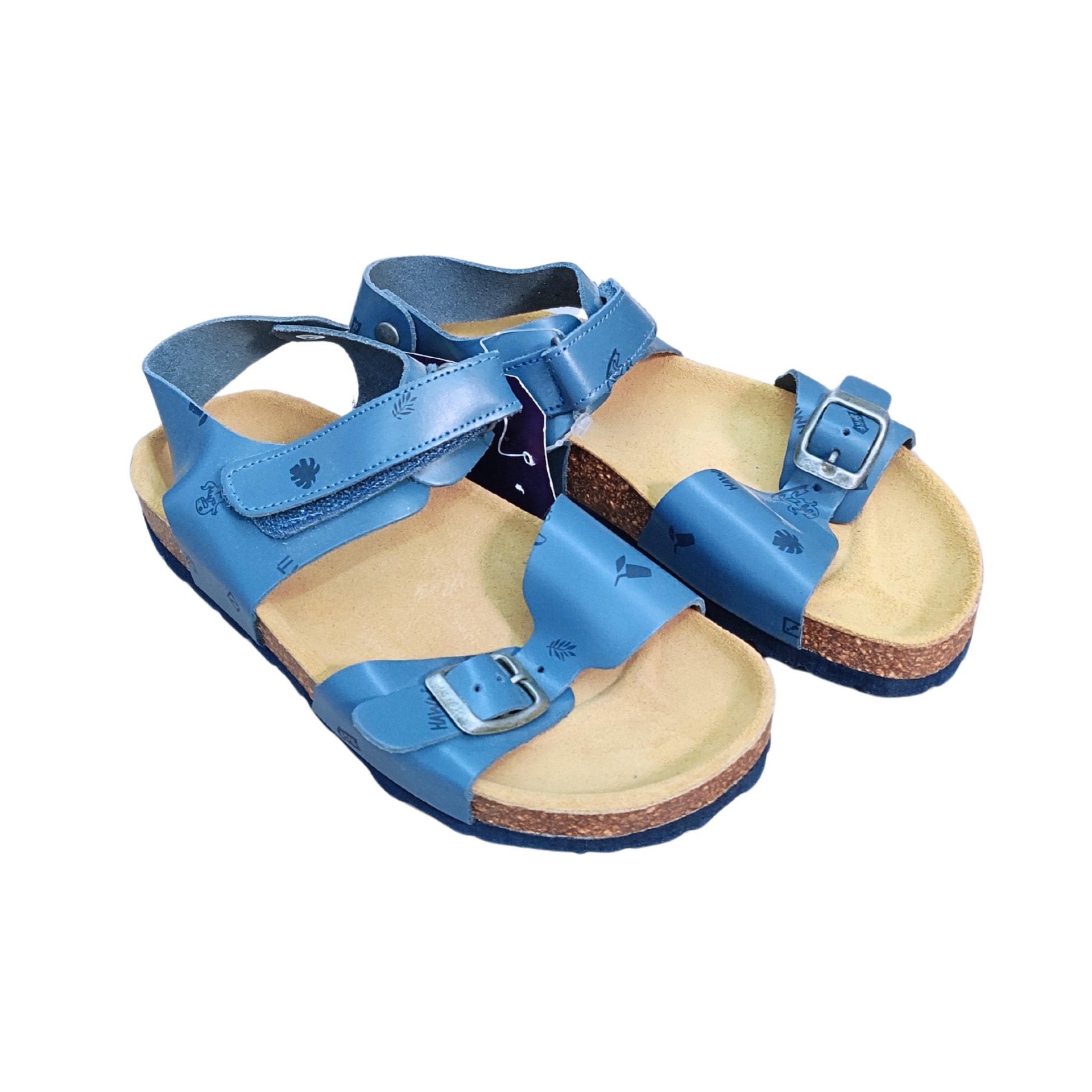 Sandálias azuis com fivelas e sola tipo cortiça