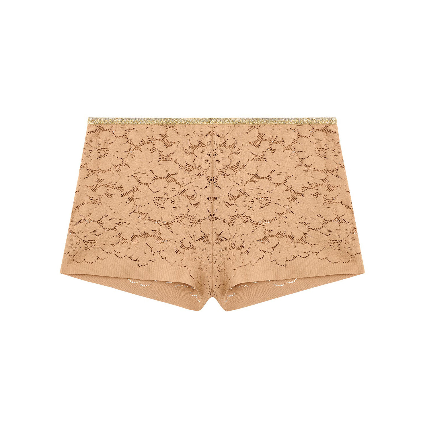 Cuecas de renda bege com padrão floral e corte boxer