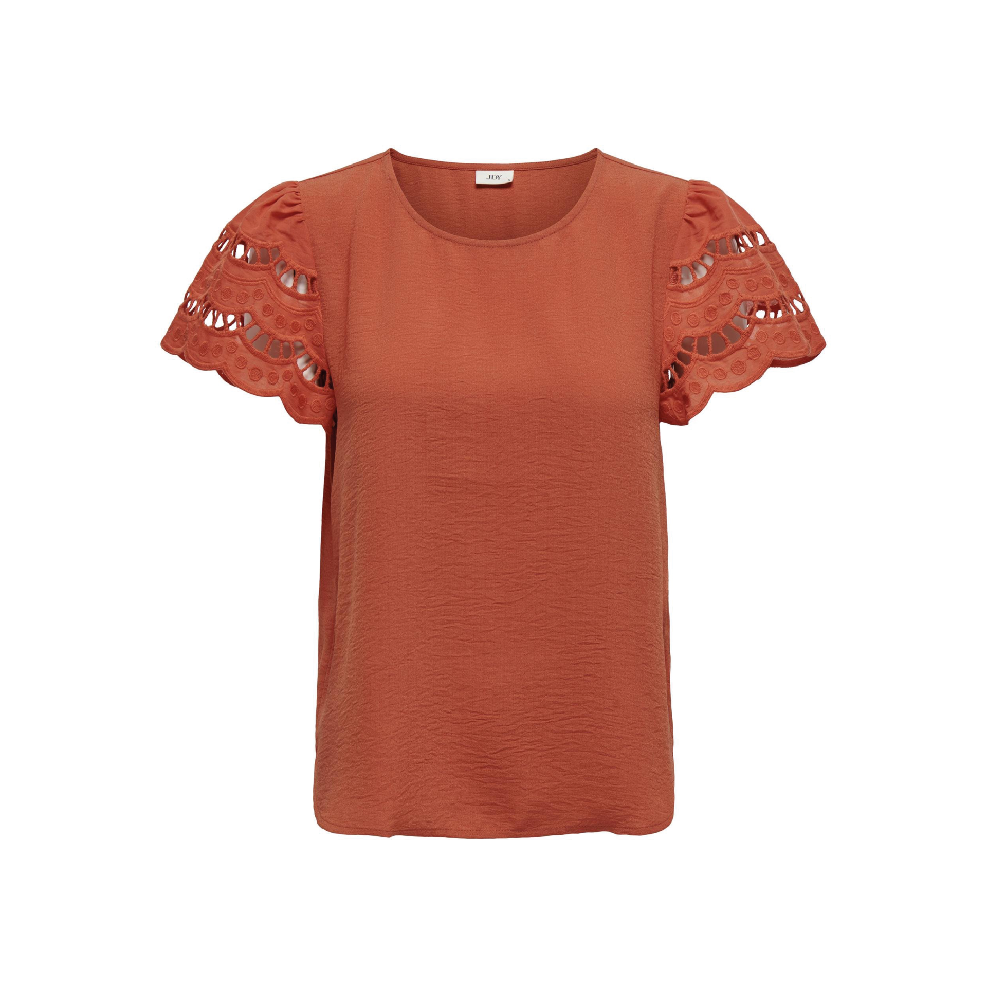 Blusa feminina laranja com mangas rendadas e decote redondo