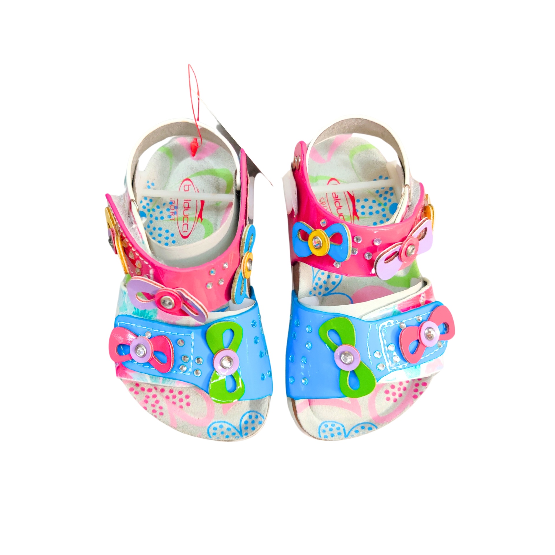 Sandálias infantis multicoloridas com fivelas decoradas e padrão floral