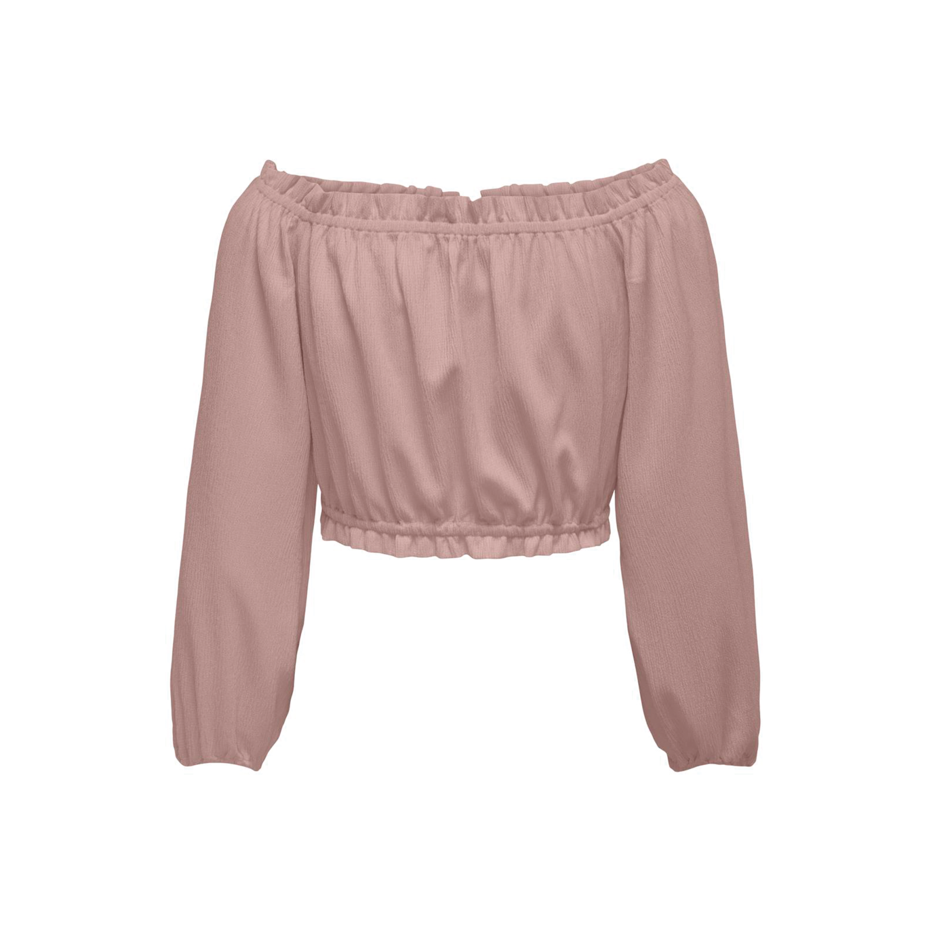 Blusa feminina cor-de-rosa claro, manga comprida, decote ombro a ombro, cropped.