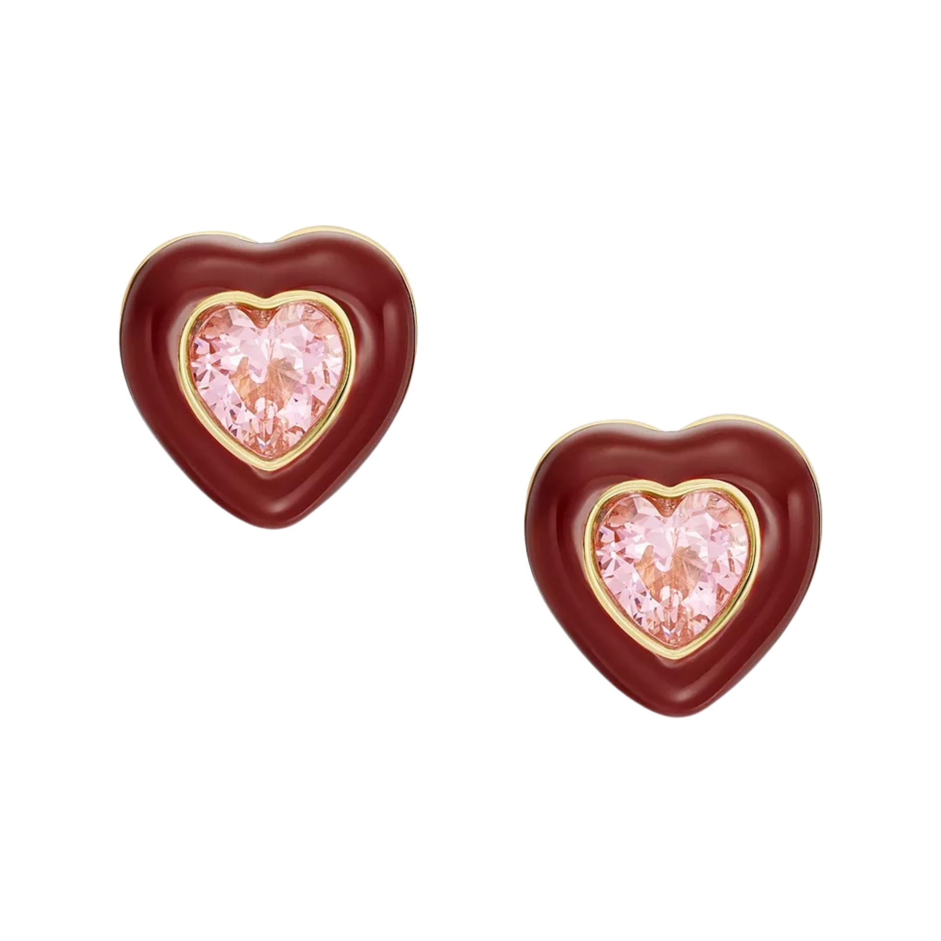 Brincos em forma de coração com base vermelha e coração rosa central