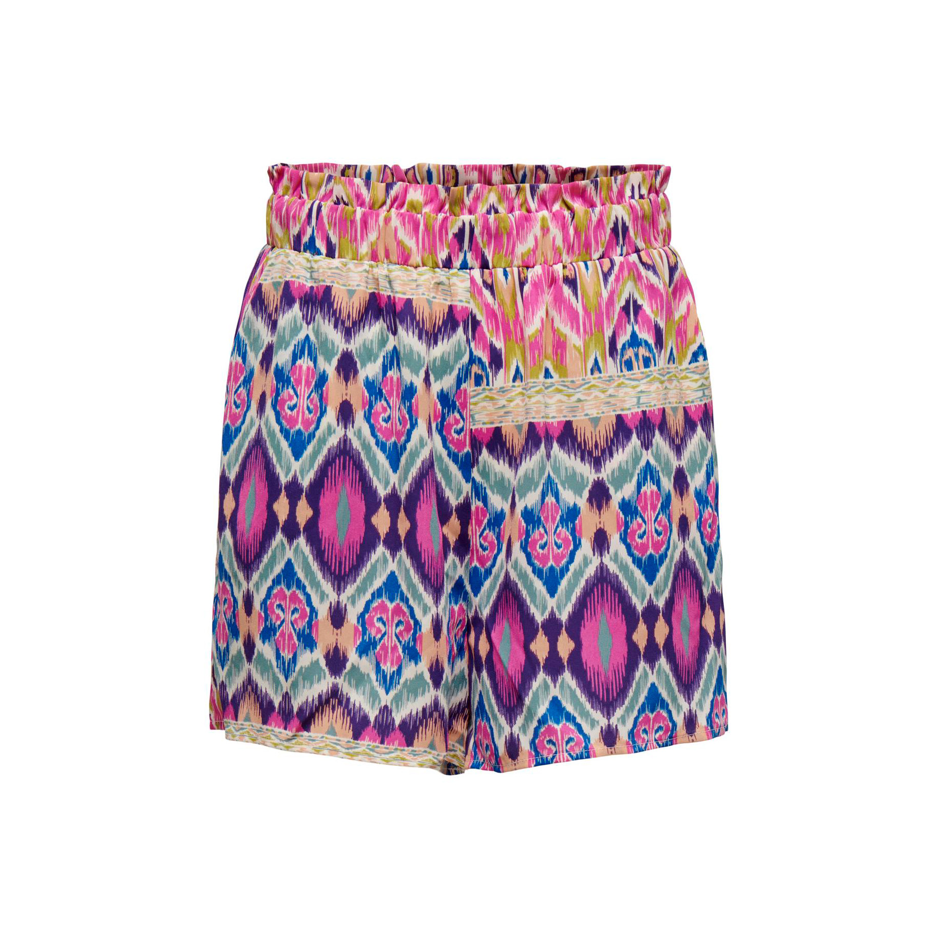 Calções coloridos com padrão geométrico e floral, cós elástico e detalhes em renda.