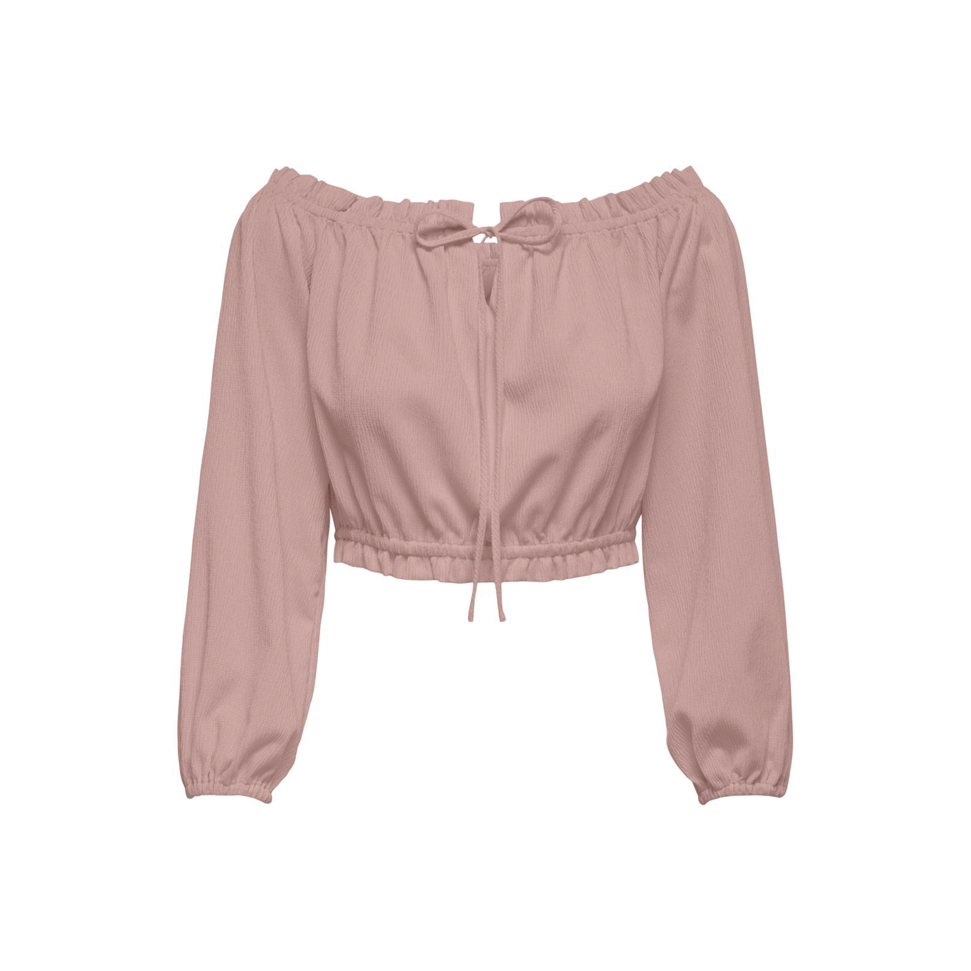 Top feminino rosa claro com decote ombro a ombro e mangas compridas