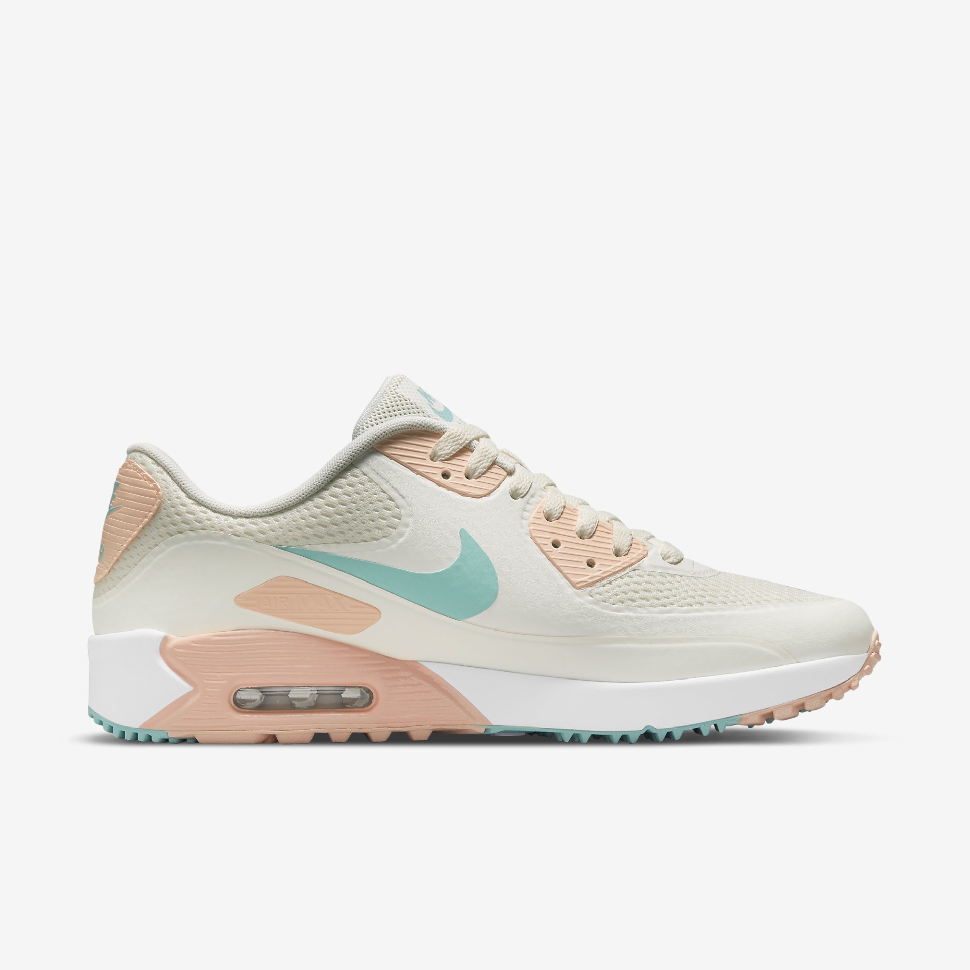 Tênis desportivo Nike Air Max branco com detalhes verde-água e rosa claro