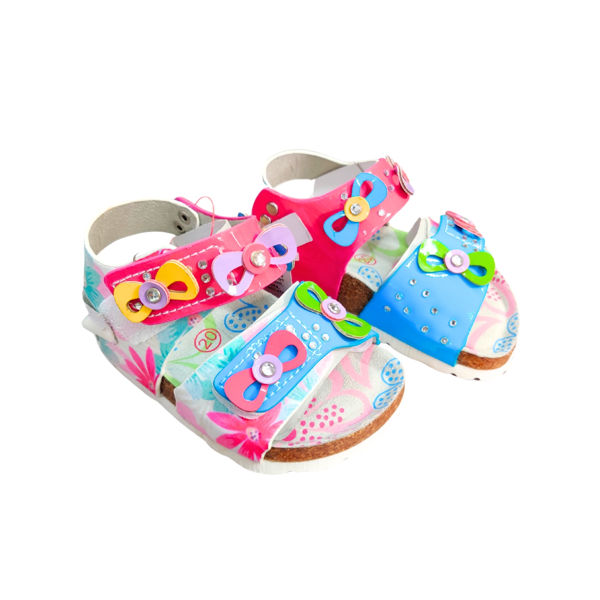 Sandálias infantis coloridas com decoração de flores e sola floral